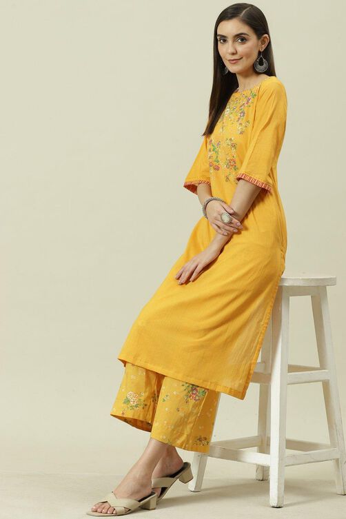 Mustard Printed Cotton Straight Kurta Palazzo Suit Set image number 5