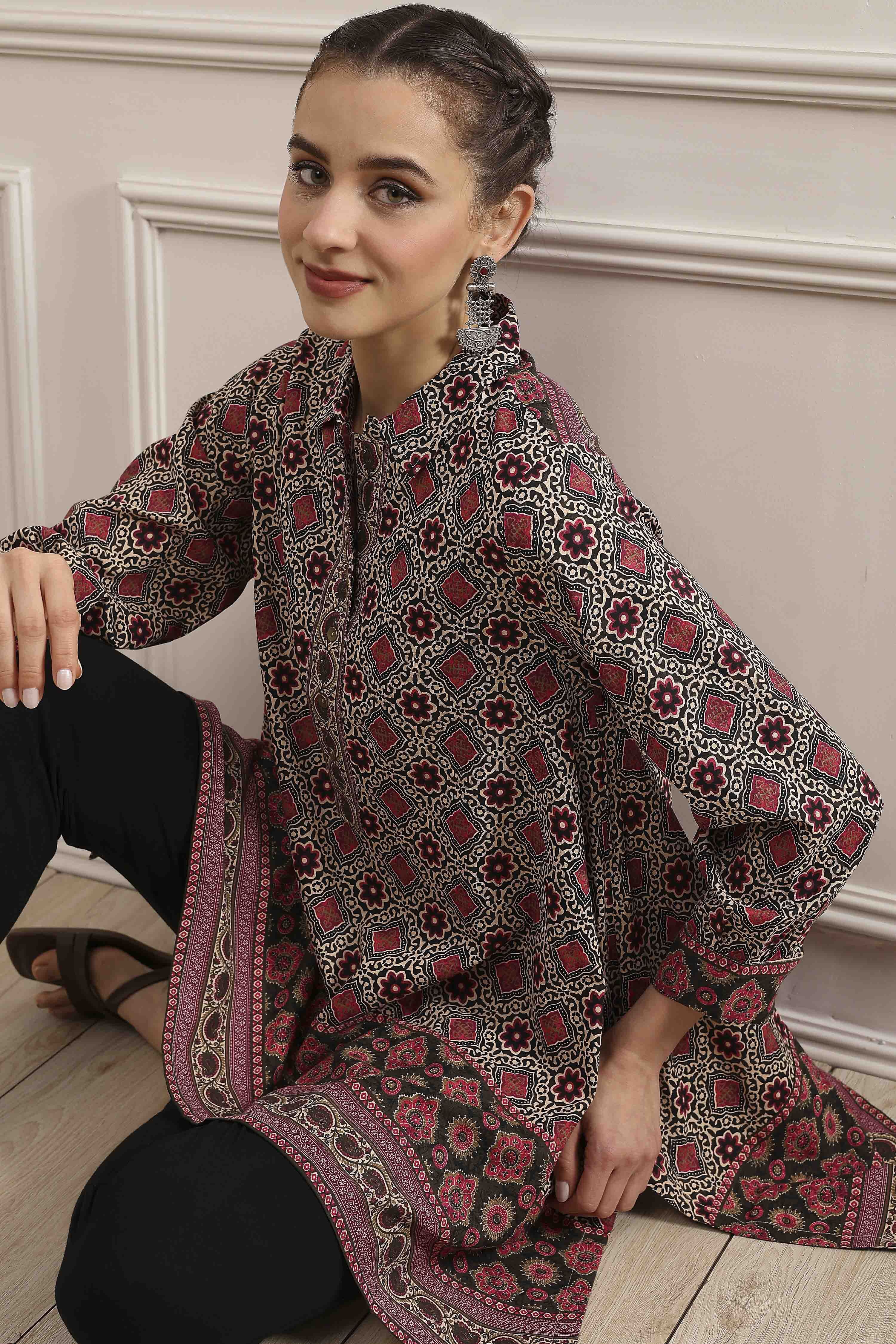 Beige Red Viscose Rayon Relaxed Printed Top image number 0