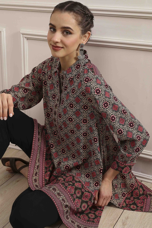 Beige Red Viscose Rayon Relaxed Printed Top image number 0