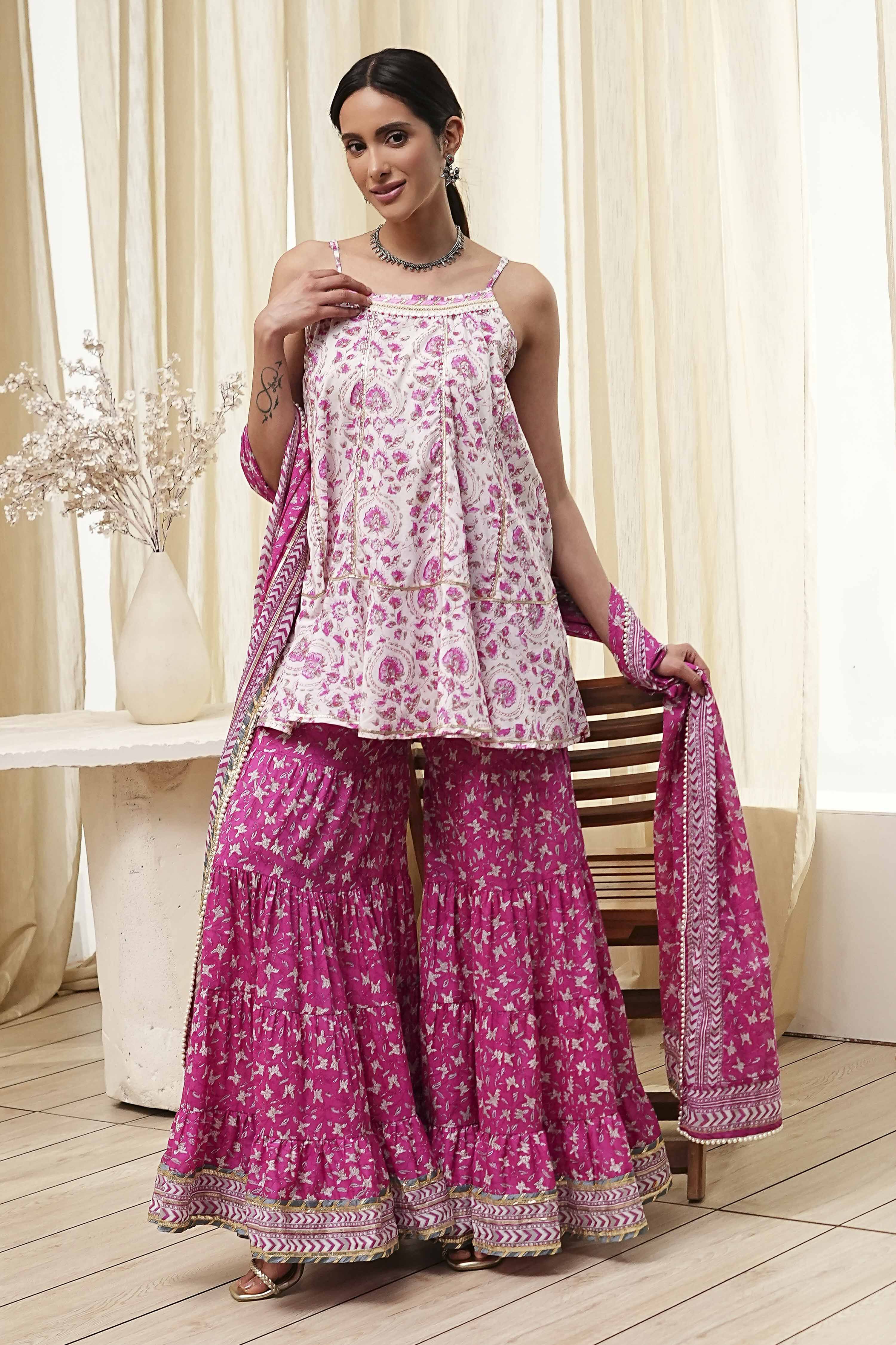 White and Blue Cotton Floral Flared Suit Set image number 6