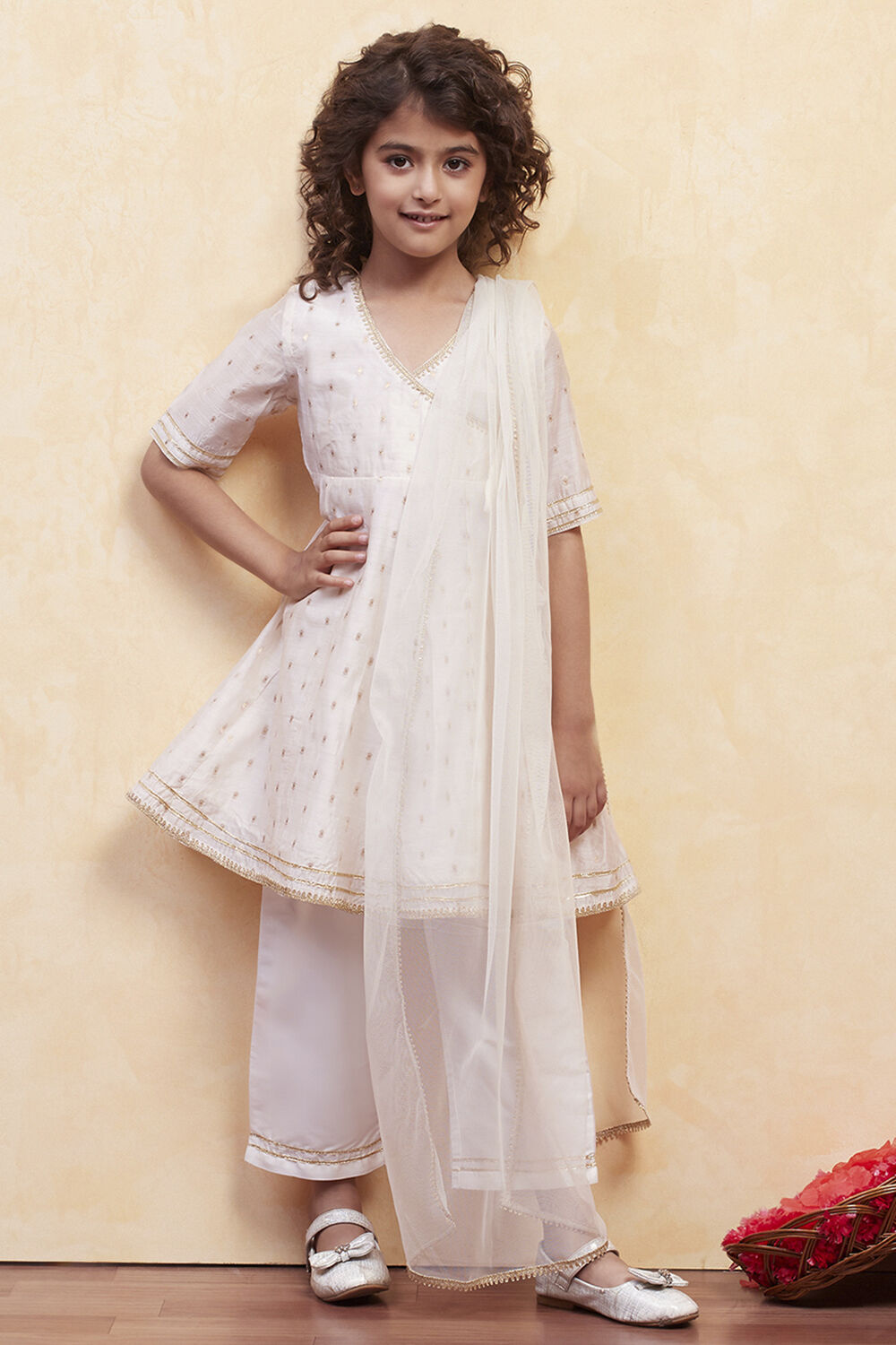 White Yarn Dyed Angrakha Anarkali Suit Set image number 0