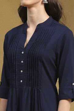 Navy Blue Cotton Solid Pleated A-Line Kurta image number 1