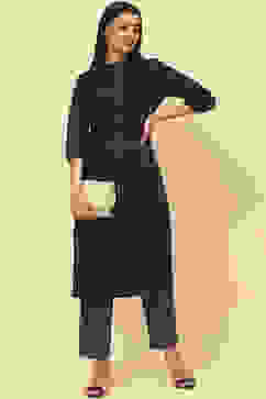 Navy Cotton Straight Fusion Yarndyed Kurta Set image number 6