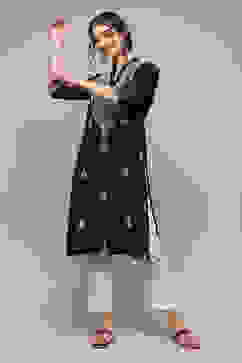 Black Polyester Straight Yarndyed Kurta image number 0