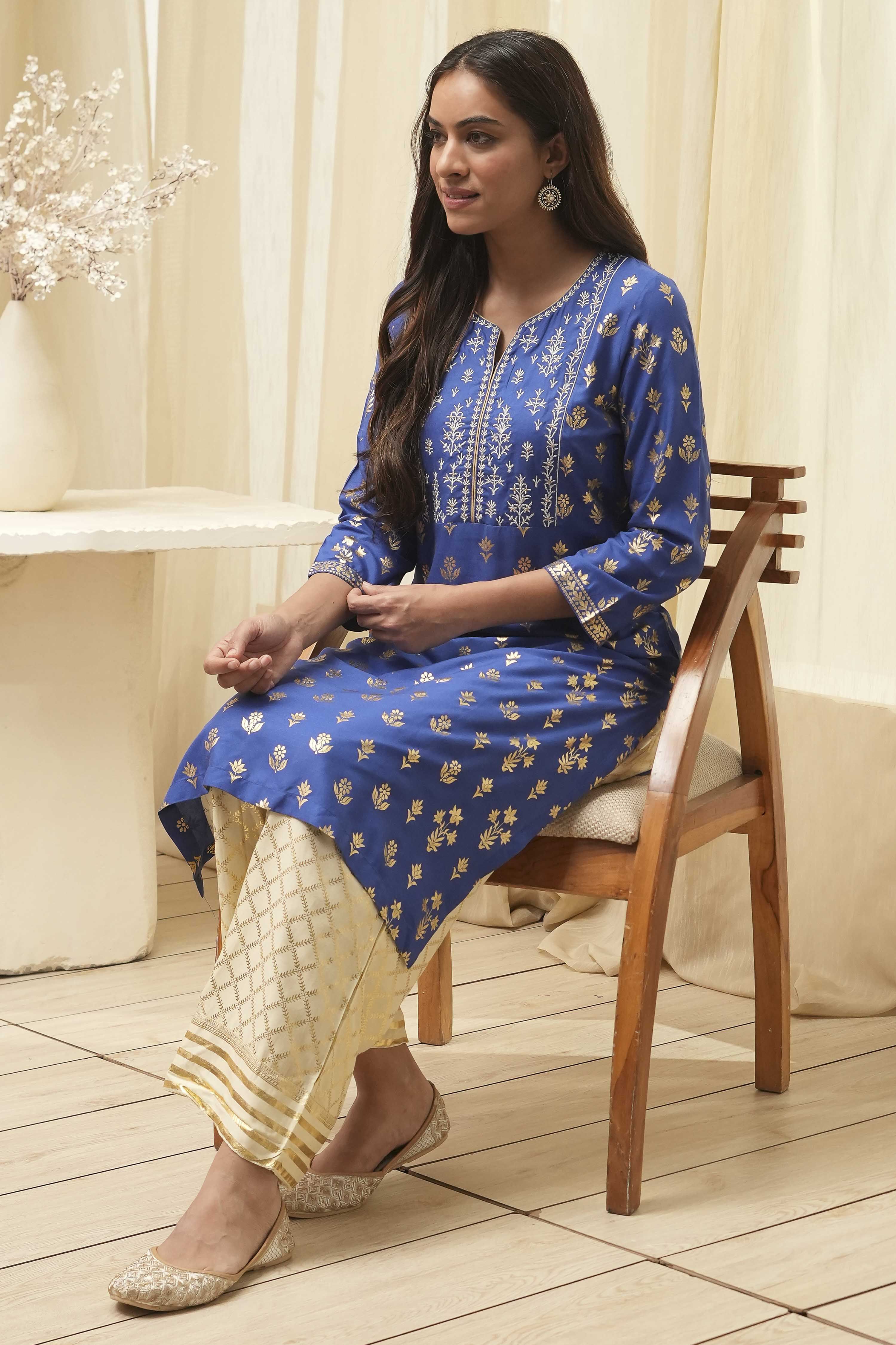 Navy Blue Rayon Straight Kurta Pants Set image number 0