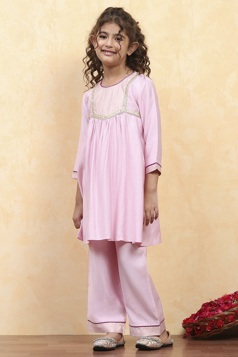 Pink Polyester Dyed Gathered Suit Set image number 3