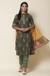 Dark Green Cotton Straight Kurta Slim Pant Suit Set image number 4