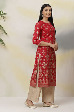 Red Art Silk Straight Printed Kurta image number 3