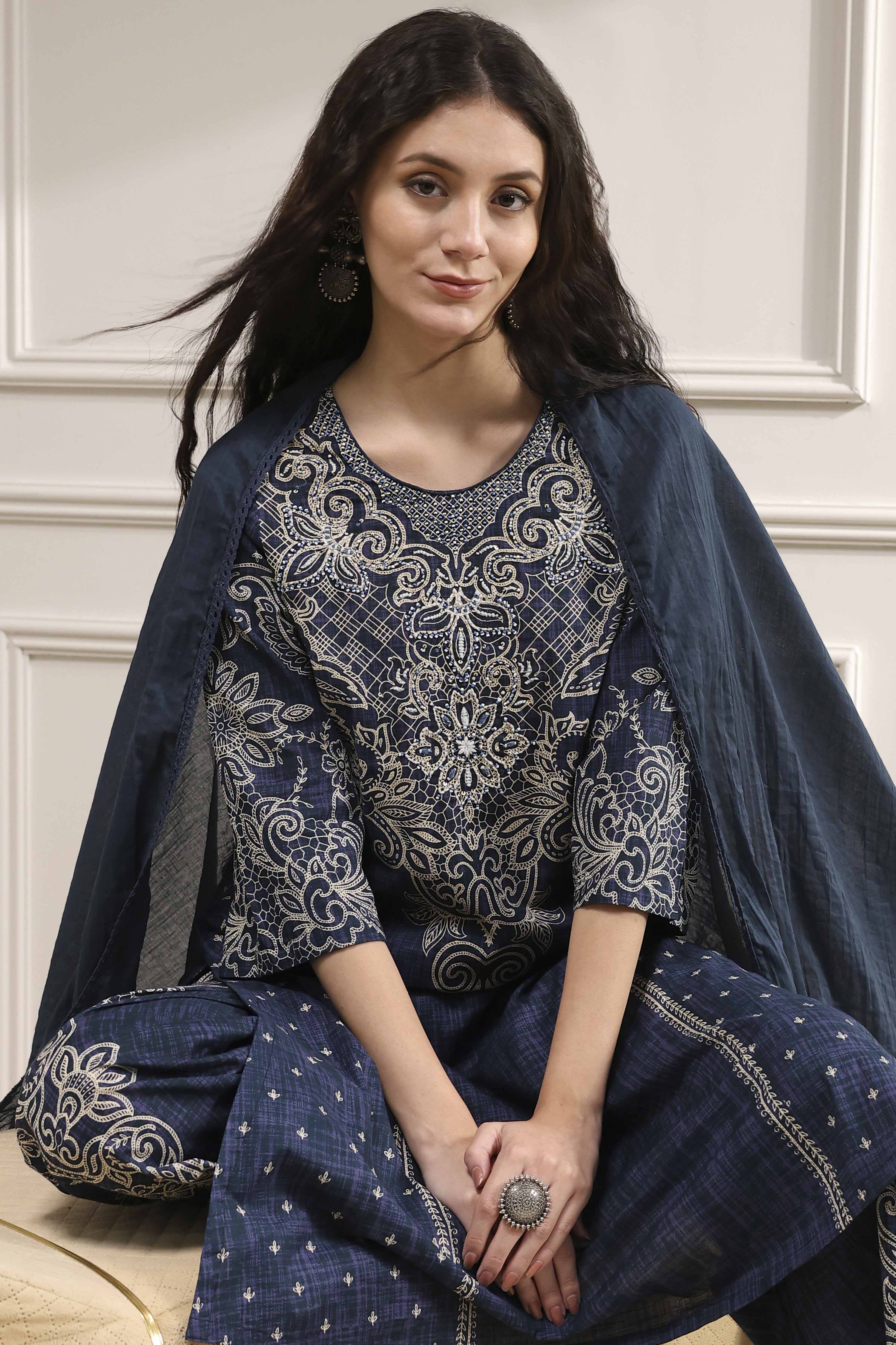 Blue Pure Cotton Printed Straight Suit Set image number 0