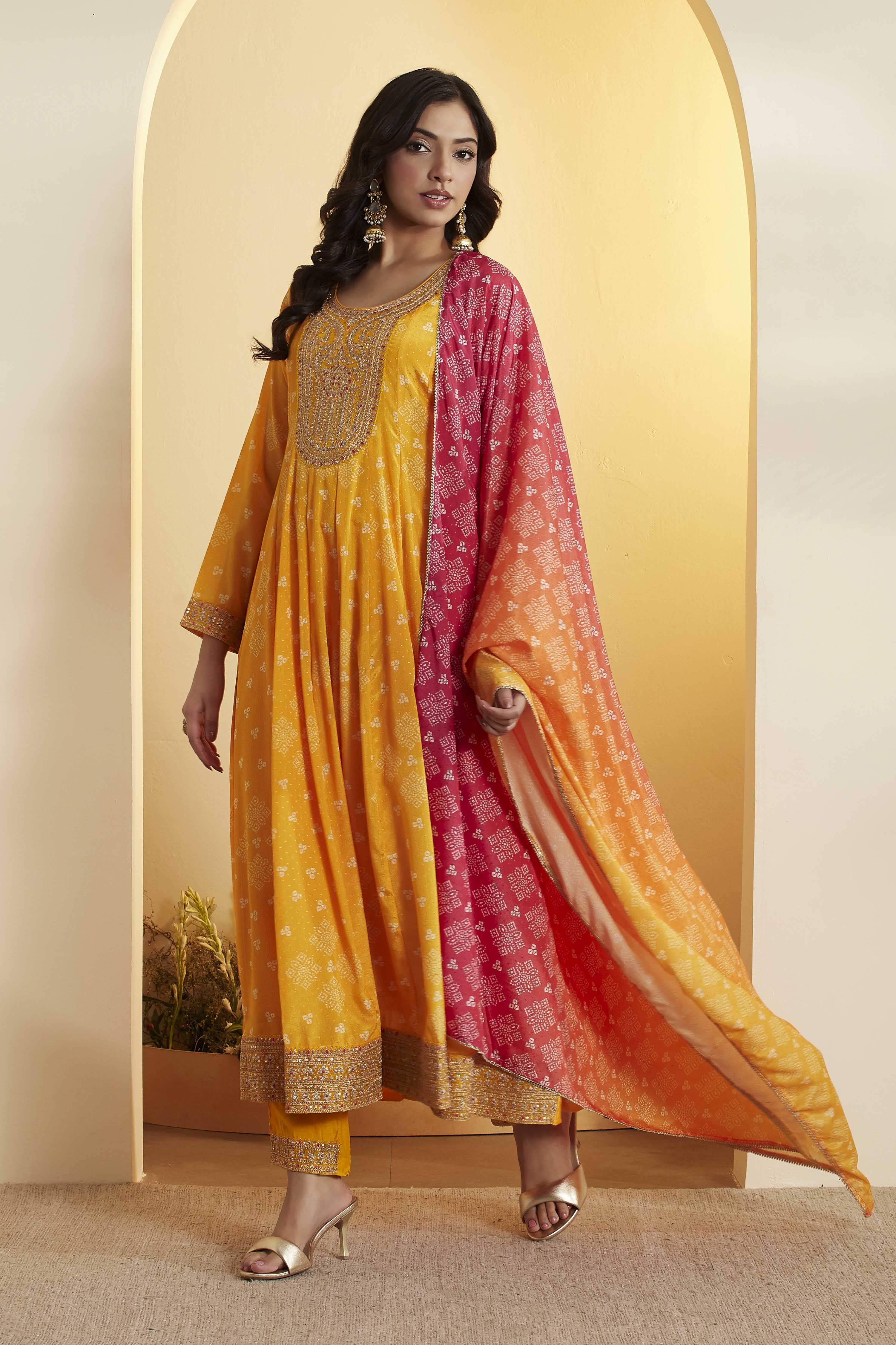 Yellow Poly Chinnon Anarkali Suit Set image number 3
