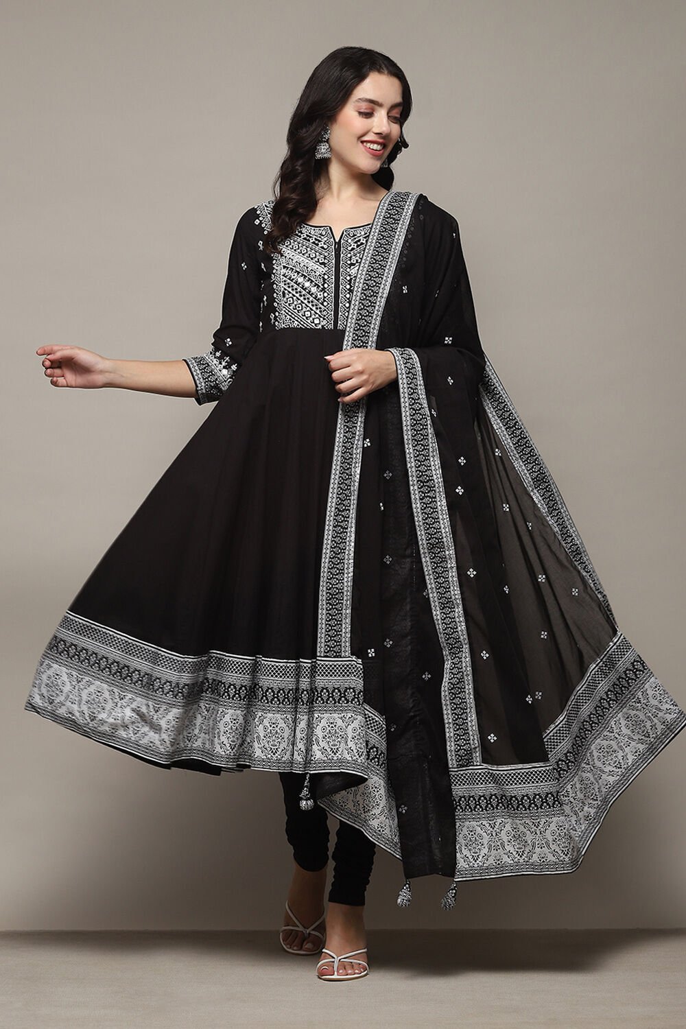 Black Cotton Anarkali Kurta Churidar Suit Set