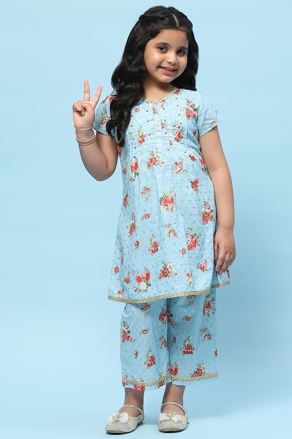 Blue Cotton Floral Printed A-Line Kurta Set image number 0