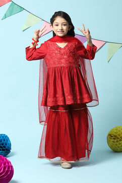 Red Nylon Flared Kurta Sharara Suit Set image number 0
