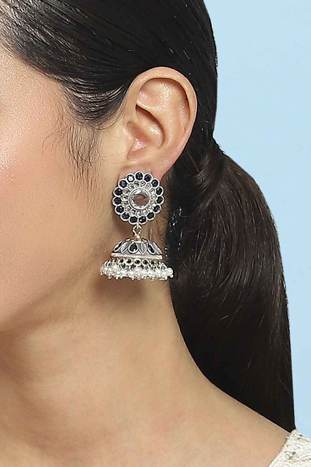 Blue White Brass Jhumka image number 1