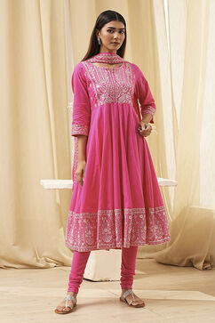 Pink Cotton Embroidered Anarkali Suit Set image number 6