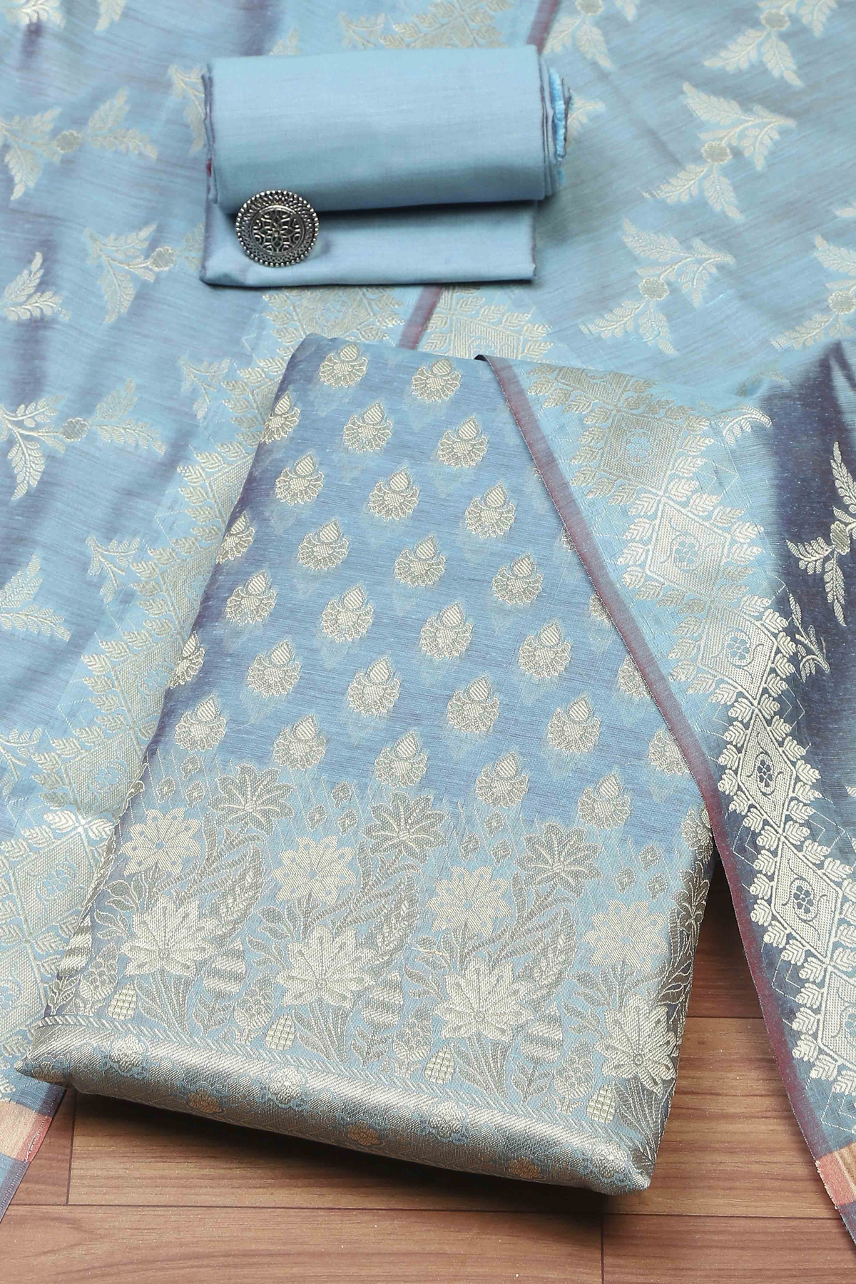 Blue Cotton Printed Embroidered Unstitched Suit Set