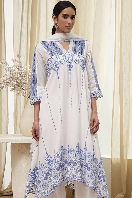 White and Blue Cotton Asymmetric Suit Set image number 1