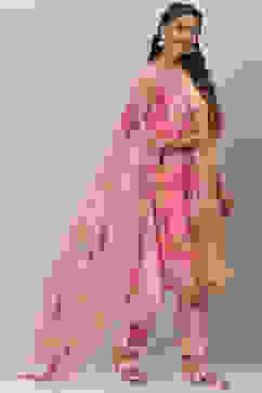 Yellow And Pink Poly Viscose Asymmetric Kurta Pant Suit Set image number 5