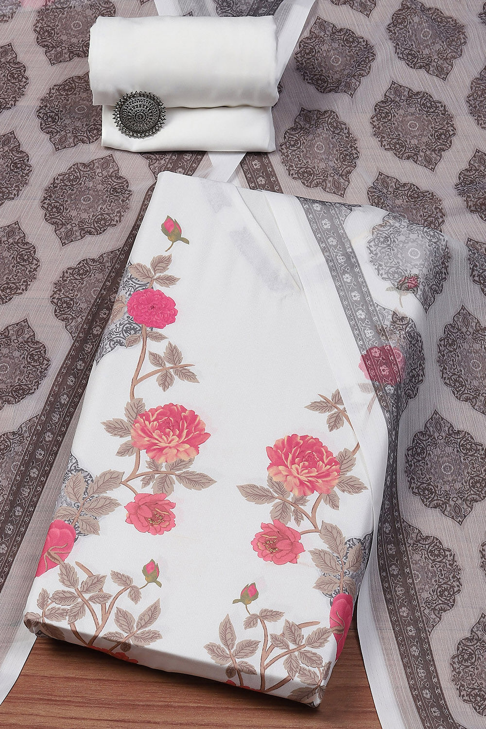 White Silk Blend Digital Print Unstitched Suit Set image number 0