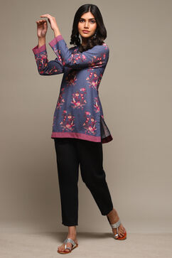 Denim Blue Cotton Blend Printed Kurti image number 0