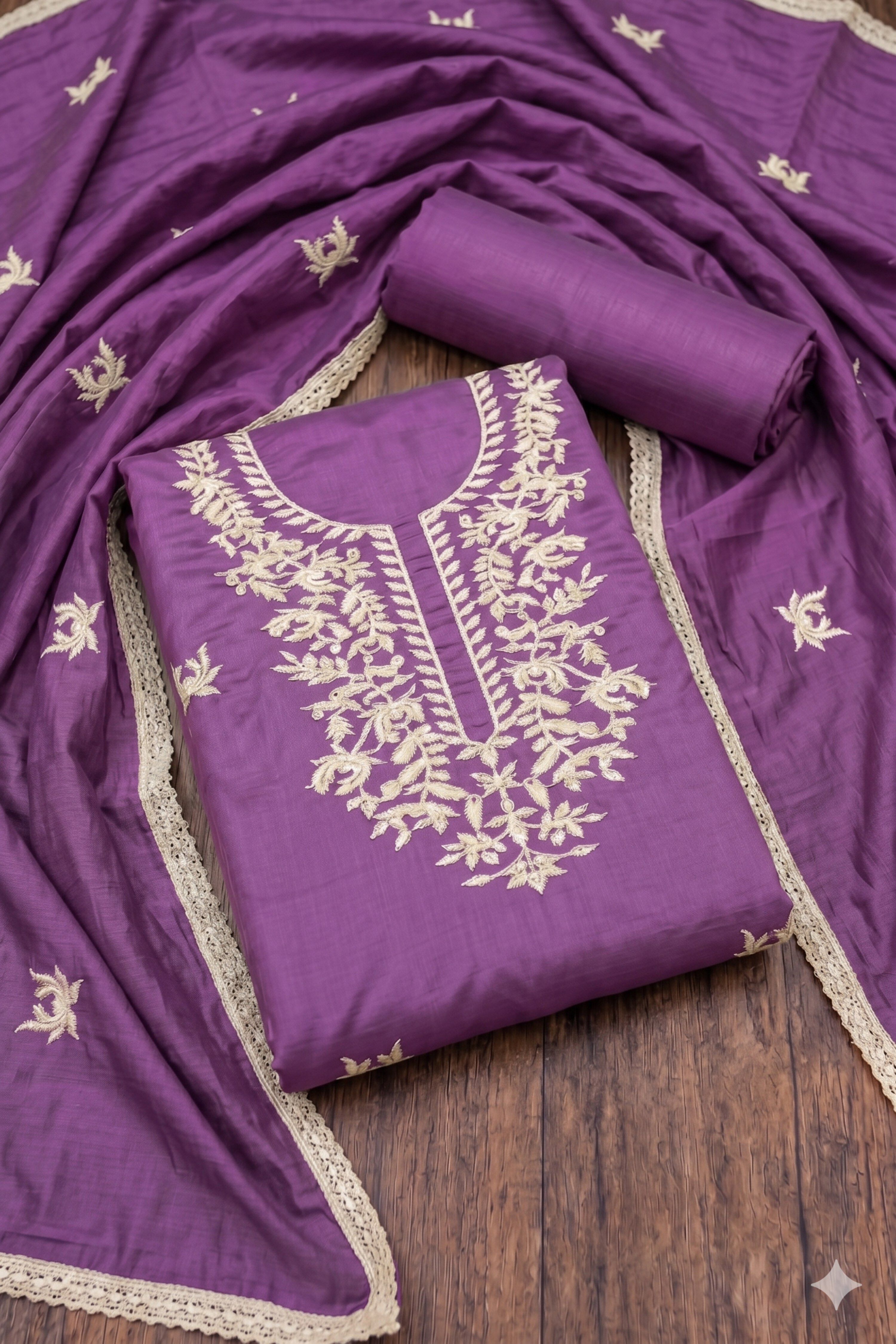 Green Chanderi Printed Unstitched Suit Set image number 1