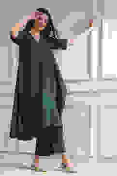 Teal Dyed Asymmetric Kurta Set image number 0