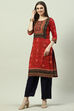 Red LIVA Straight Printed Kurta image number 2