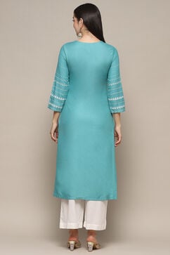 Turquoise Rayon flax Relaxed Kurta Palazzo Suit Set image number 4