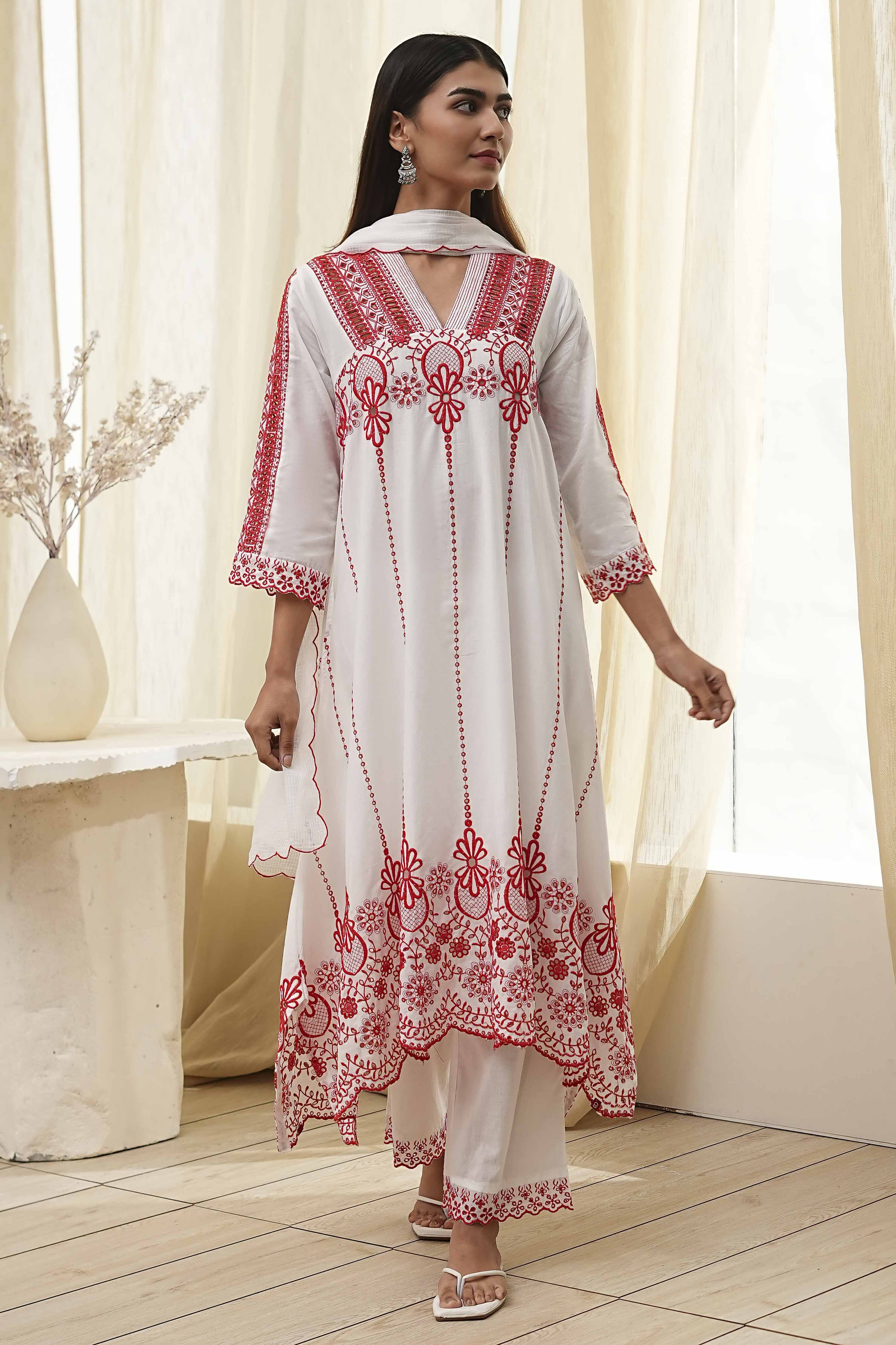 White and Red Cotton Asymmetric Suit Set image number 6