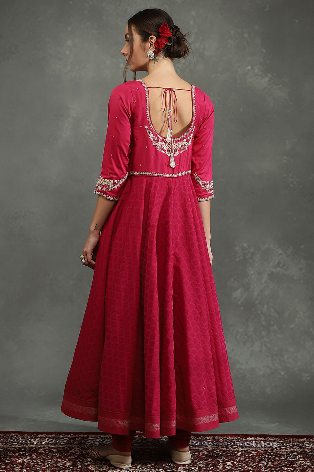 Pink Silk Chanderi Floral Anarkali Suit Set image number 4
