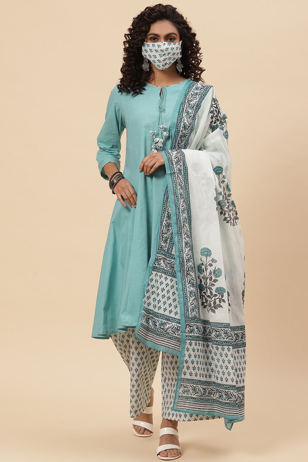 Buy Turquoise Cotton A Line Kurta Palazzo Suit Set Kurta