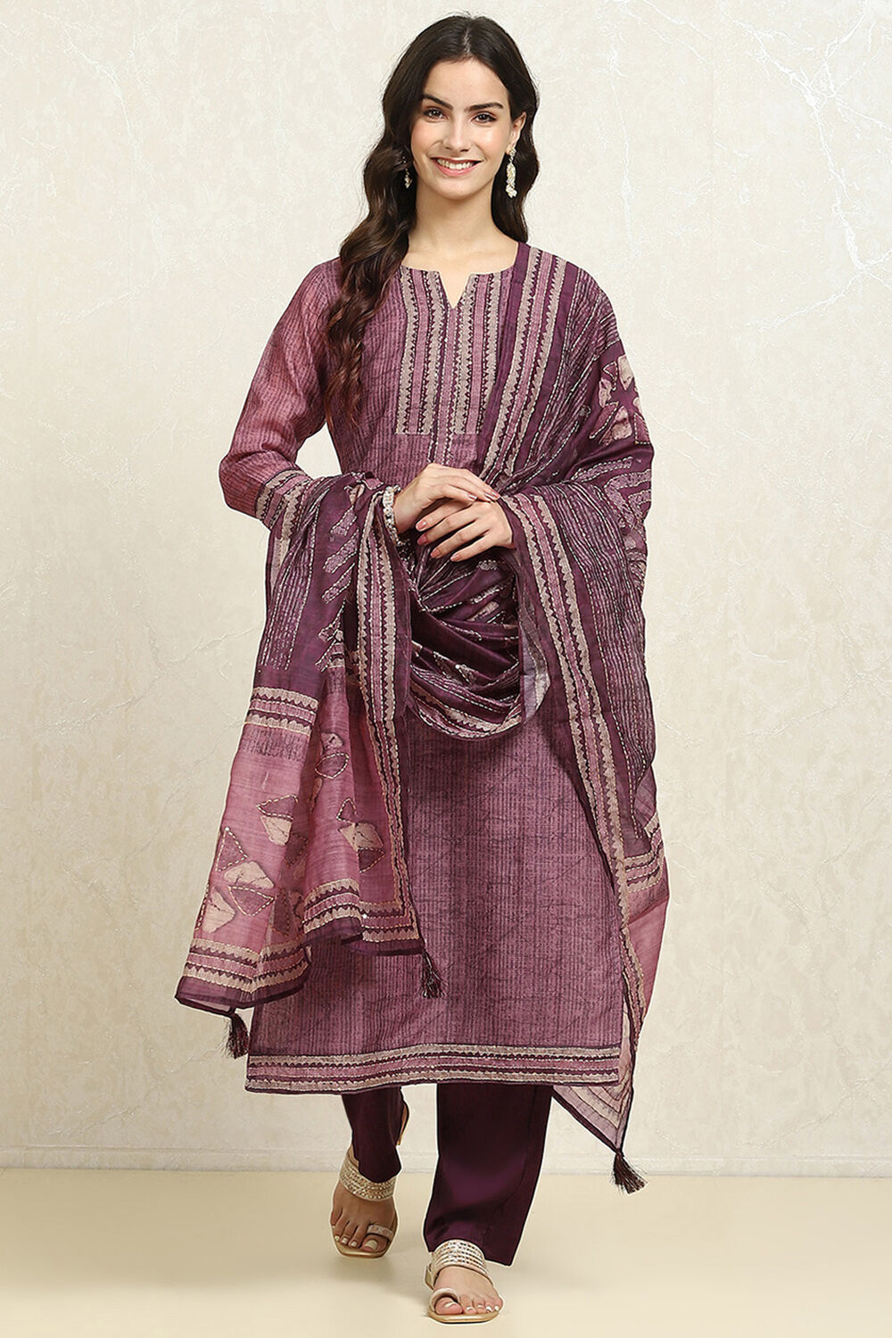 Grey Chanderi Blend Printed Unstitched Suit Set image number 1
