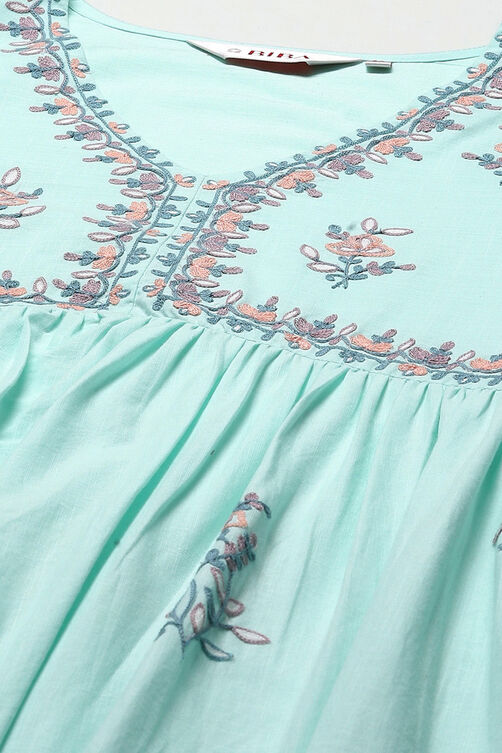 Aqua Cotton Gathered Kurta Palazzo Suit Set image number 1