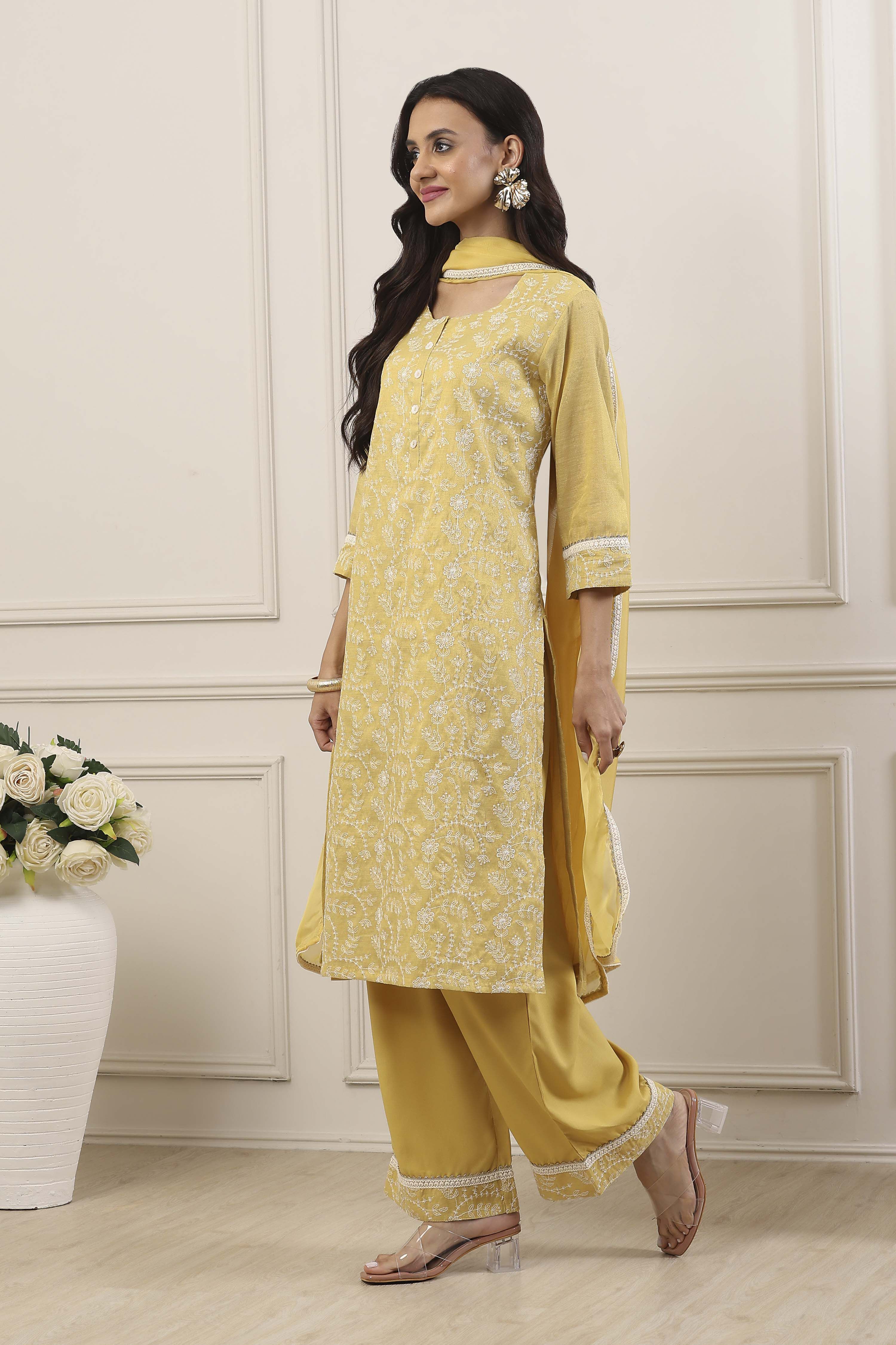 Yellow Zari Cotton Tissue Straight Suit Set image number 4