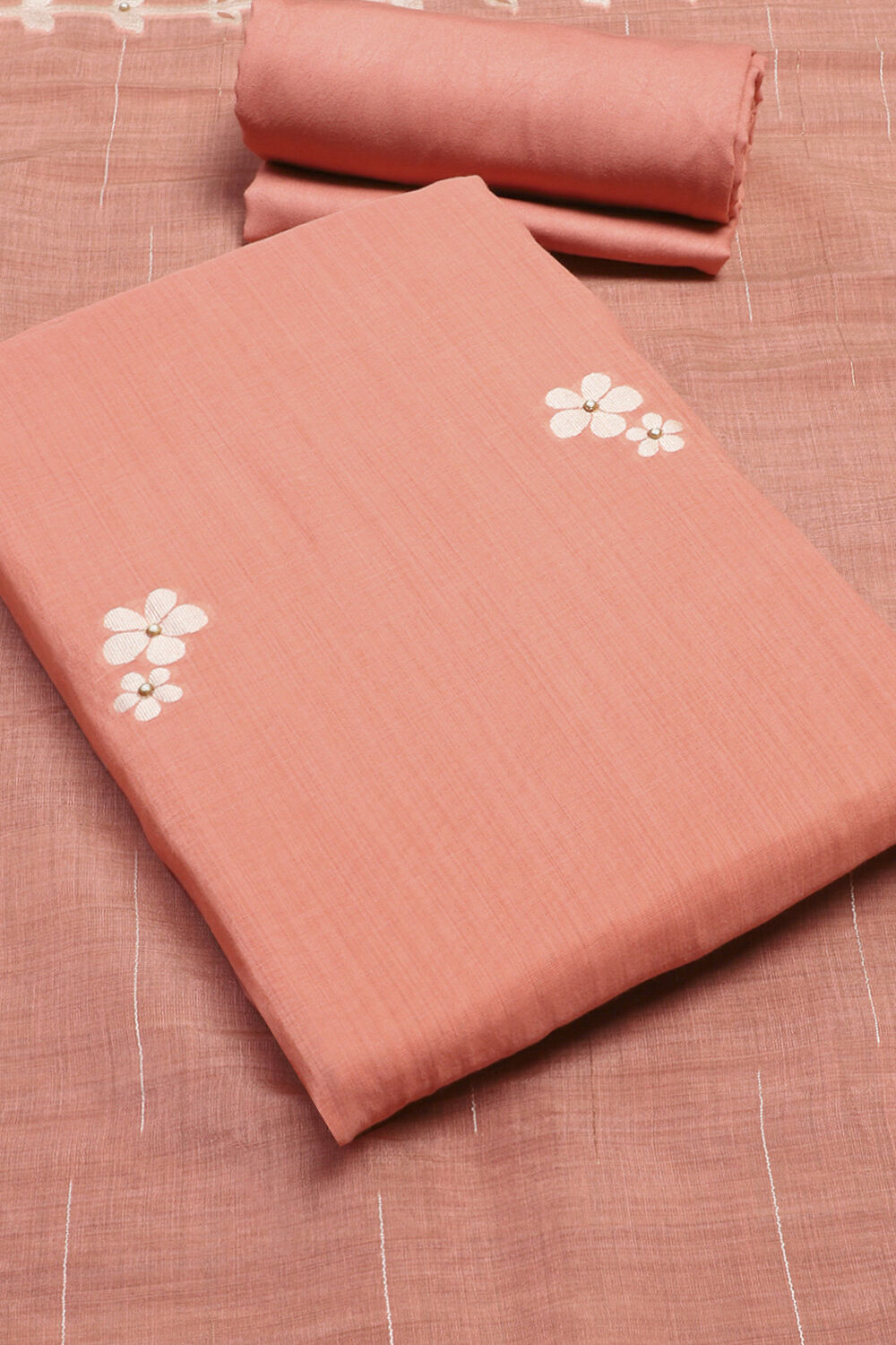 Peach Chanderi Unstitched Suit Set image number 1