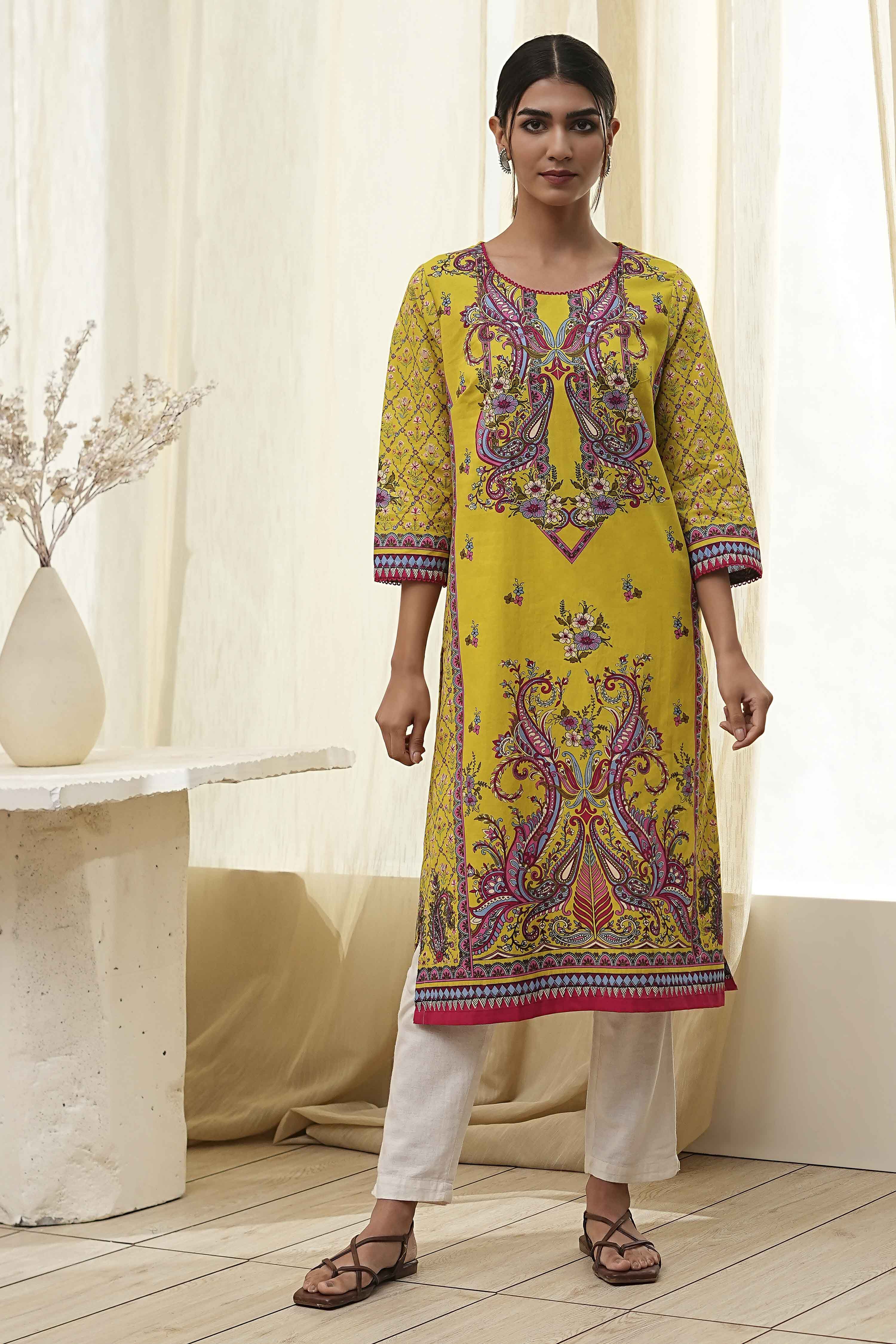 Blue Pure Cotton Printed Straight Kurta image number 5