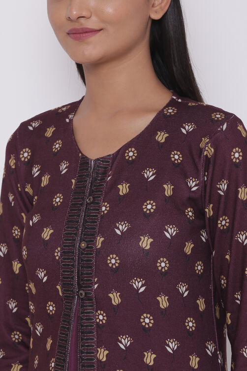 Plum Printed Winter Yarndyed Kurta image number 1