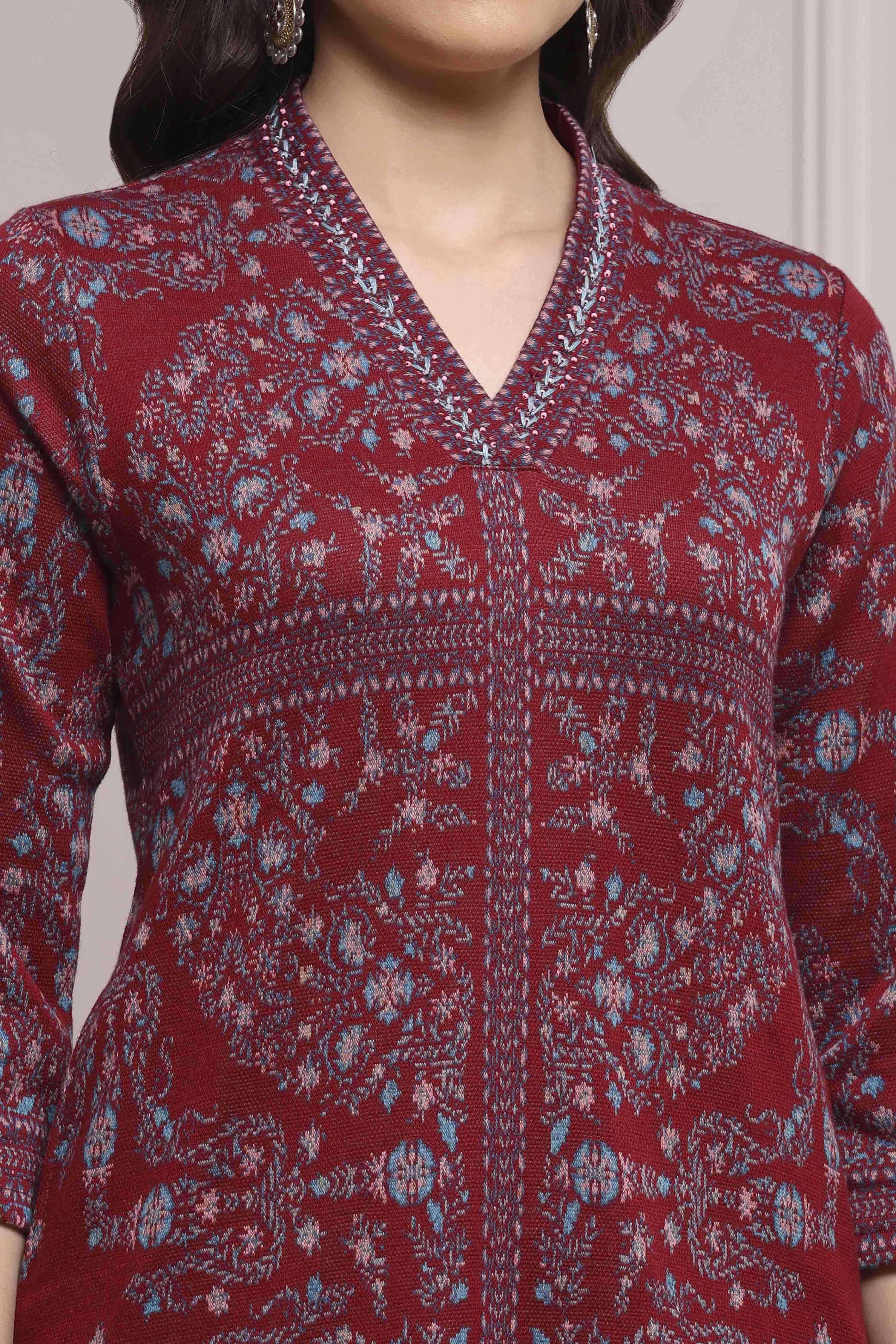 Earthy Green Yarn-Dyed Printed Straight Winter Kurta image number 1