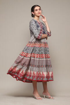 Grey Cotton Tiered Printed Dress image number 3