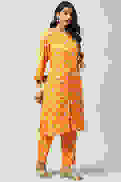 Mango Yellow LIVA Co-ord Set Kurta Relaxed Pant Suit Set image number 5