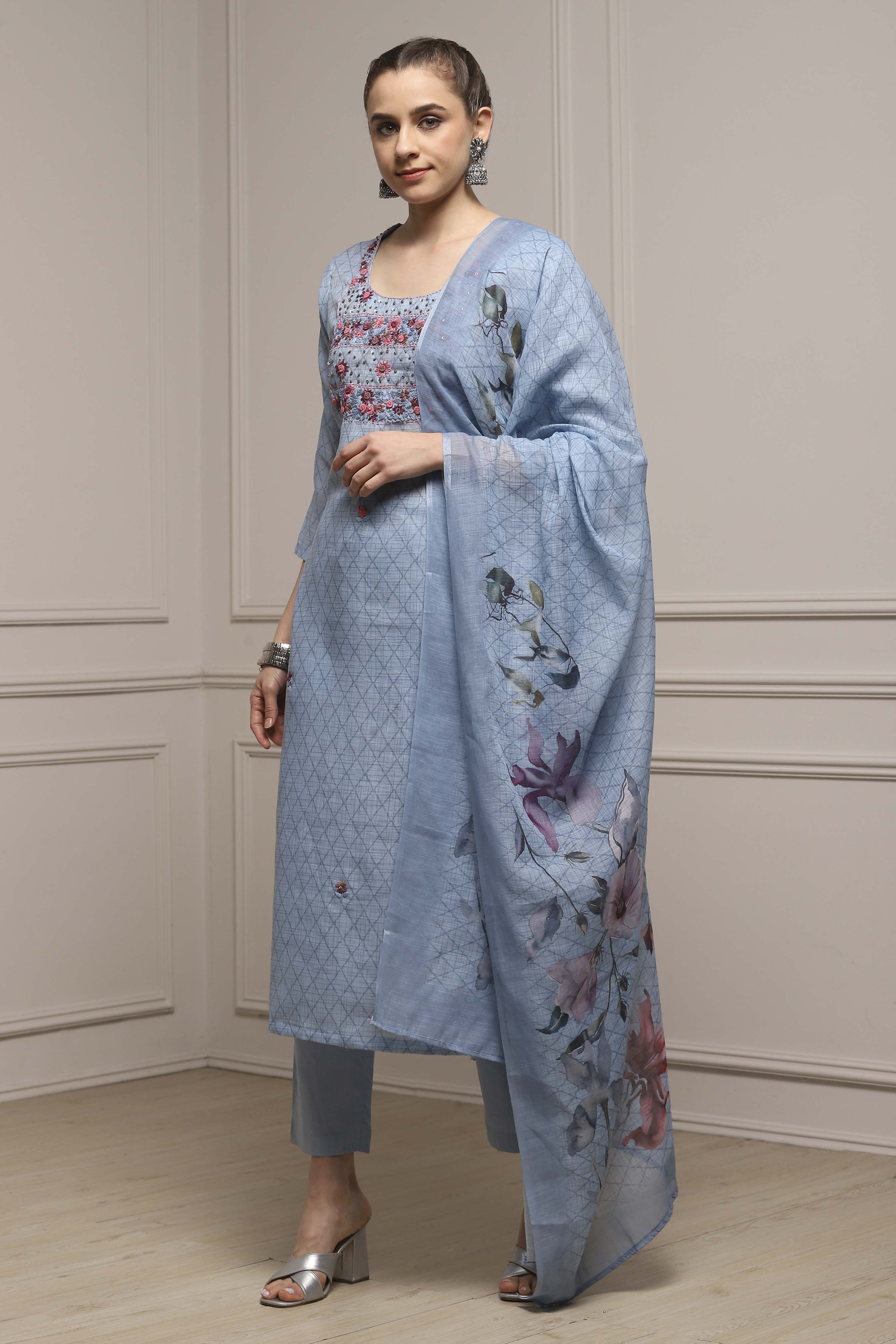 Blue Cotton Blend Hand Embroidered Unstitched Suit Set image number 4