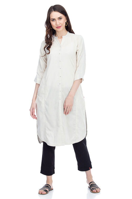 Natural Front Open Cotton And Flax Solid Kurta image number 0