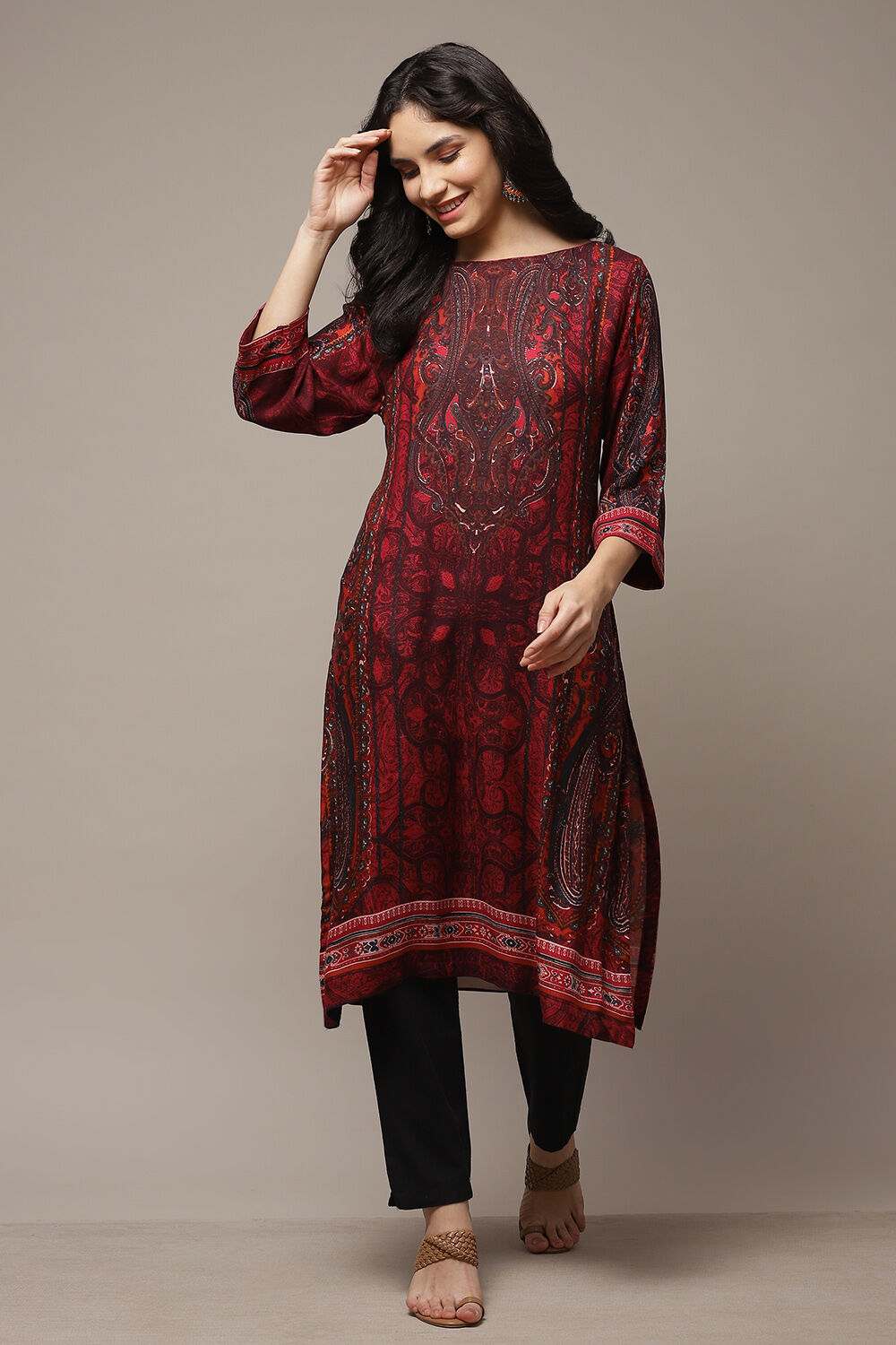 Red Viscose A-Line Printed Kurta image number 0