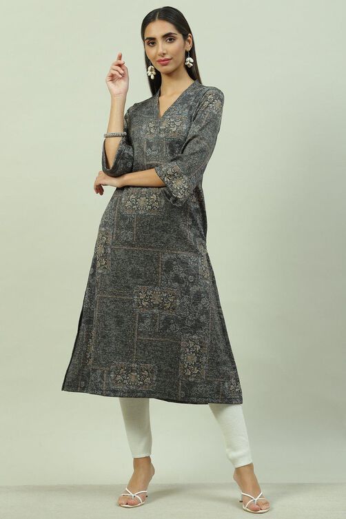 Olive Green Straight Printed Kurta image number 5