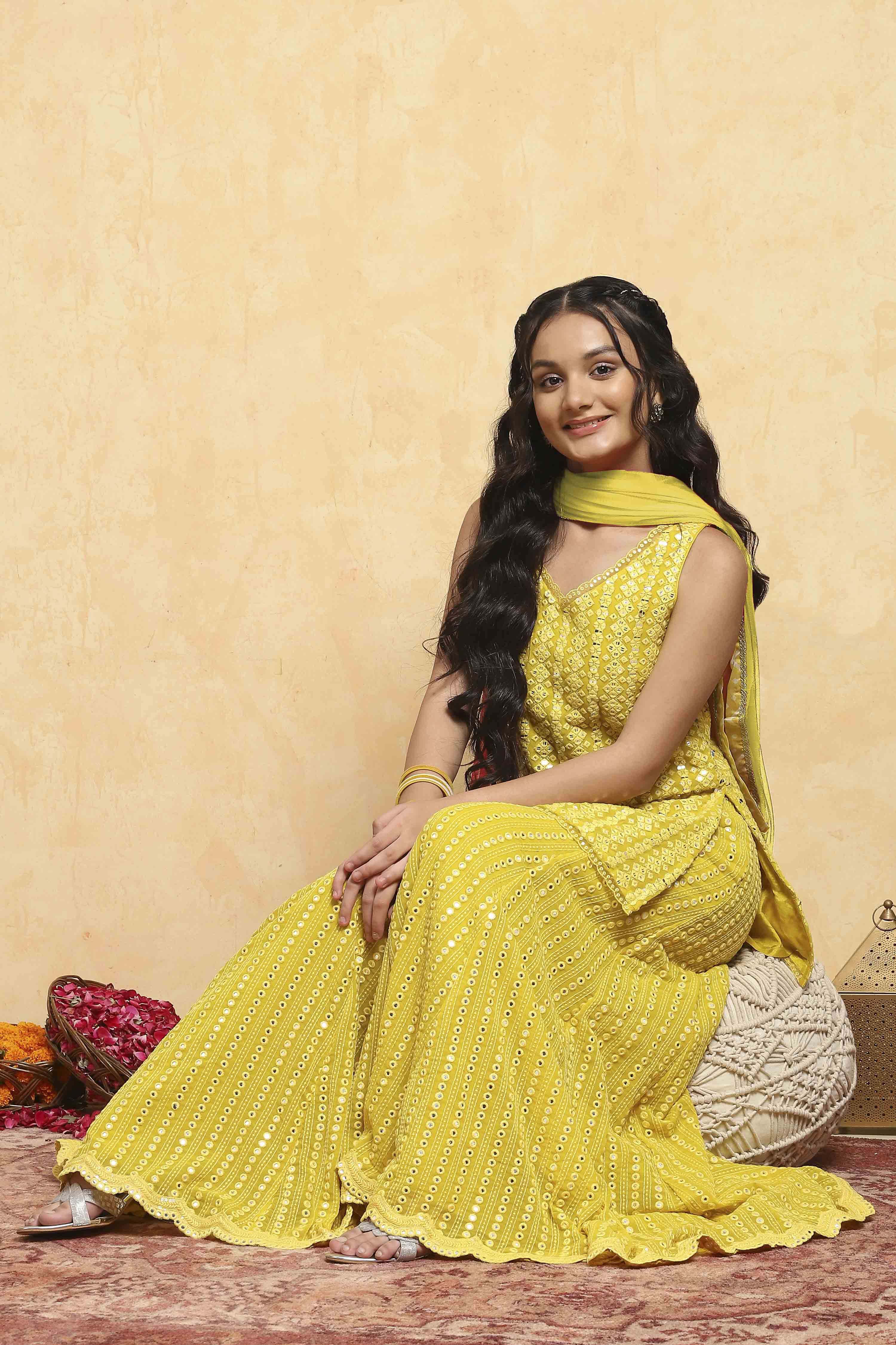 Yellow Polyester Dyed Straight Sharara Suit Set image number 0