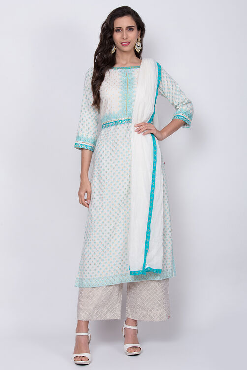 Off White Cotton Straight Printed Kurta image number 2