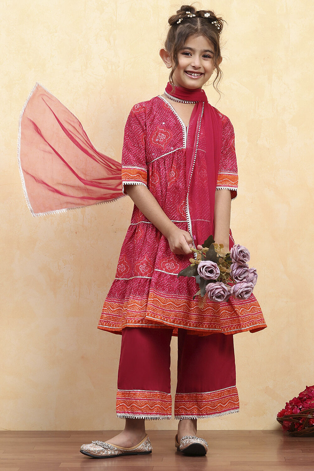 Pink Cotton Printed Tiered Suit Set image number 0