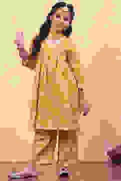 Yellow Cotton Floral Printed Festive Gathered Suit Set image number 0