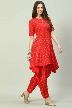 Red Printed A-Line Kurta Salwar Suit Set image number 0