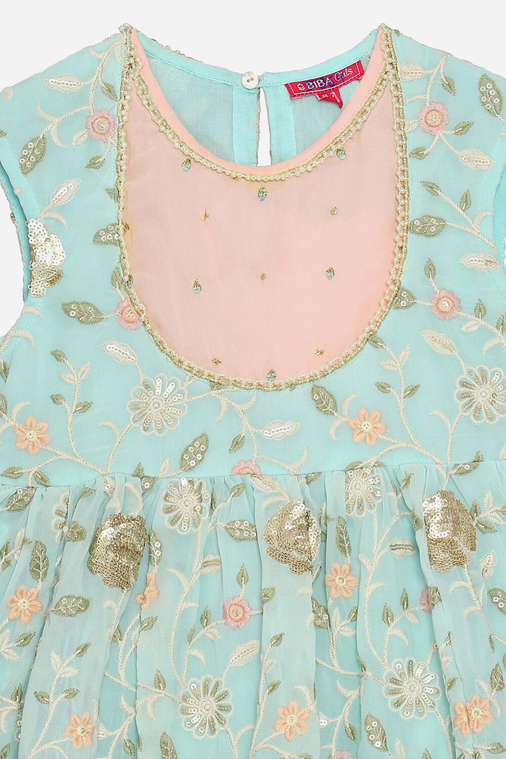 Aqua Blue and Pink Embroidered Peplum Suit Set image number 1